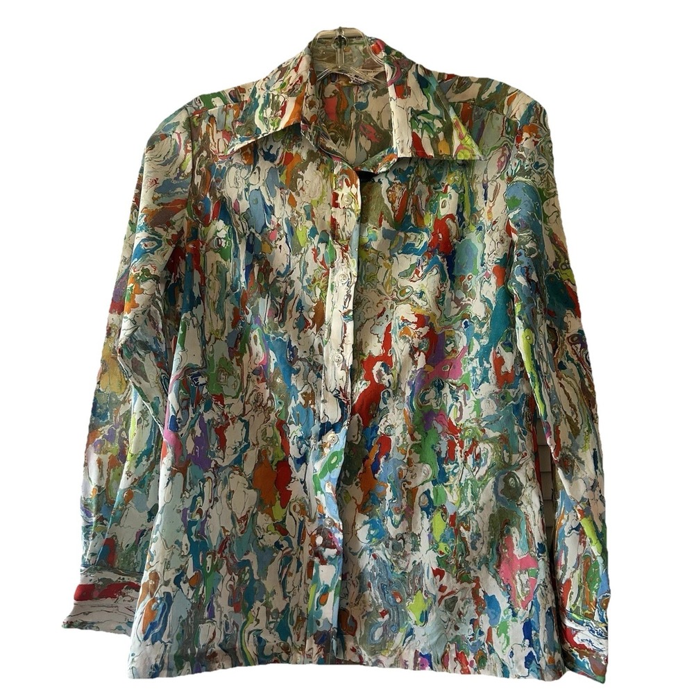 Vintage Lady Manhattan Abstract Hand Screen Long Sleeve Button Blouse Size 8